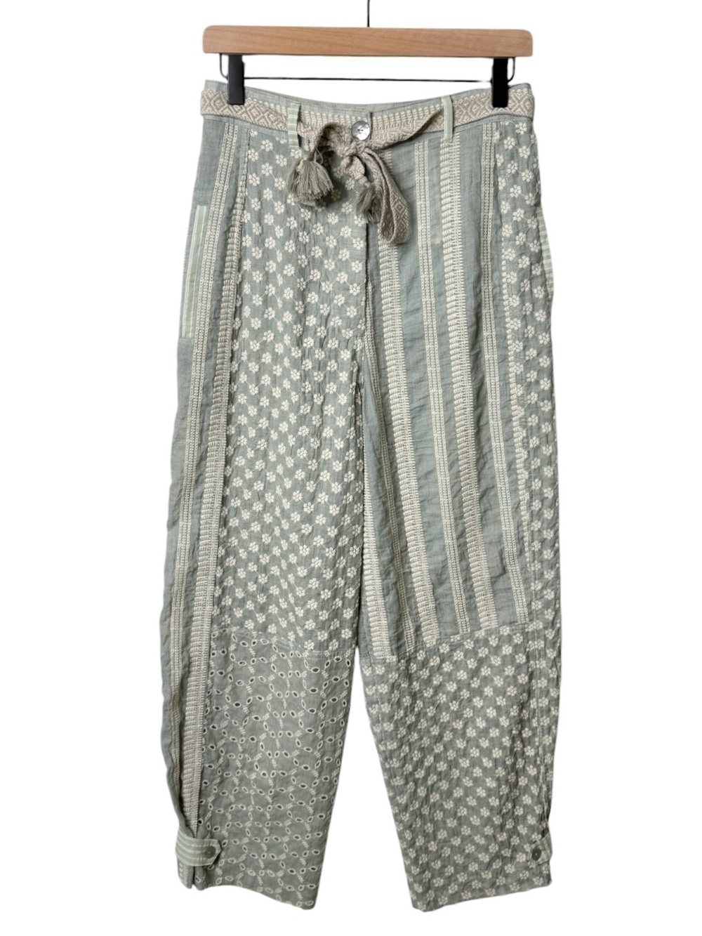 Zara Embroidered Embroidery Floral Patchwork Belted Pants Light Green Size Small